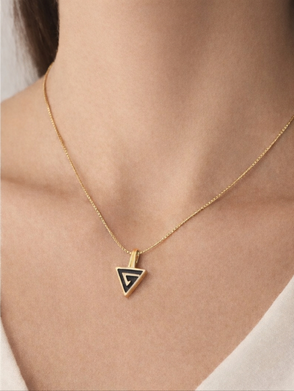 Givenchy Rare G Logo Geometric Triangle Black Enamel Golden Pendant Necklace